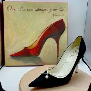 Christian Dior Black Silk Satin Classic Pumps with Rhinestone ball Accent. RARE!